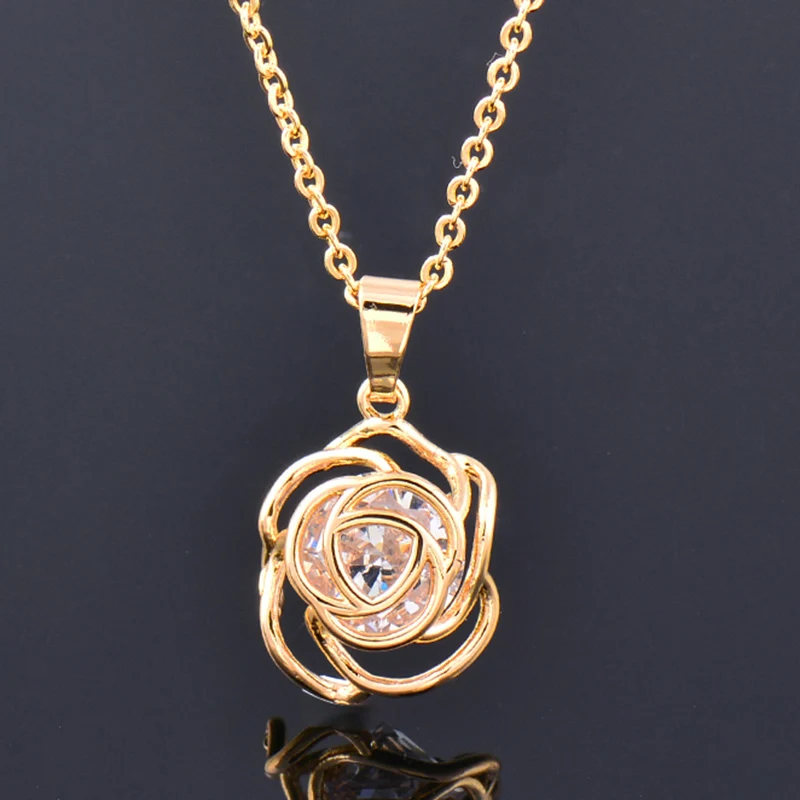 LEEKER Cubic Zirconia Inside Hollow Rose Flower Pendant Necklace Choker Link Chain For Women Jewelry   trend ZD1 XS2