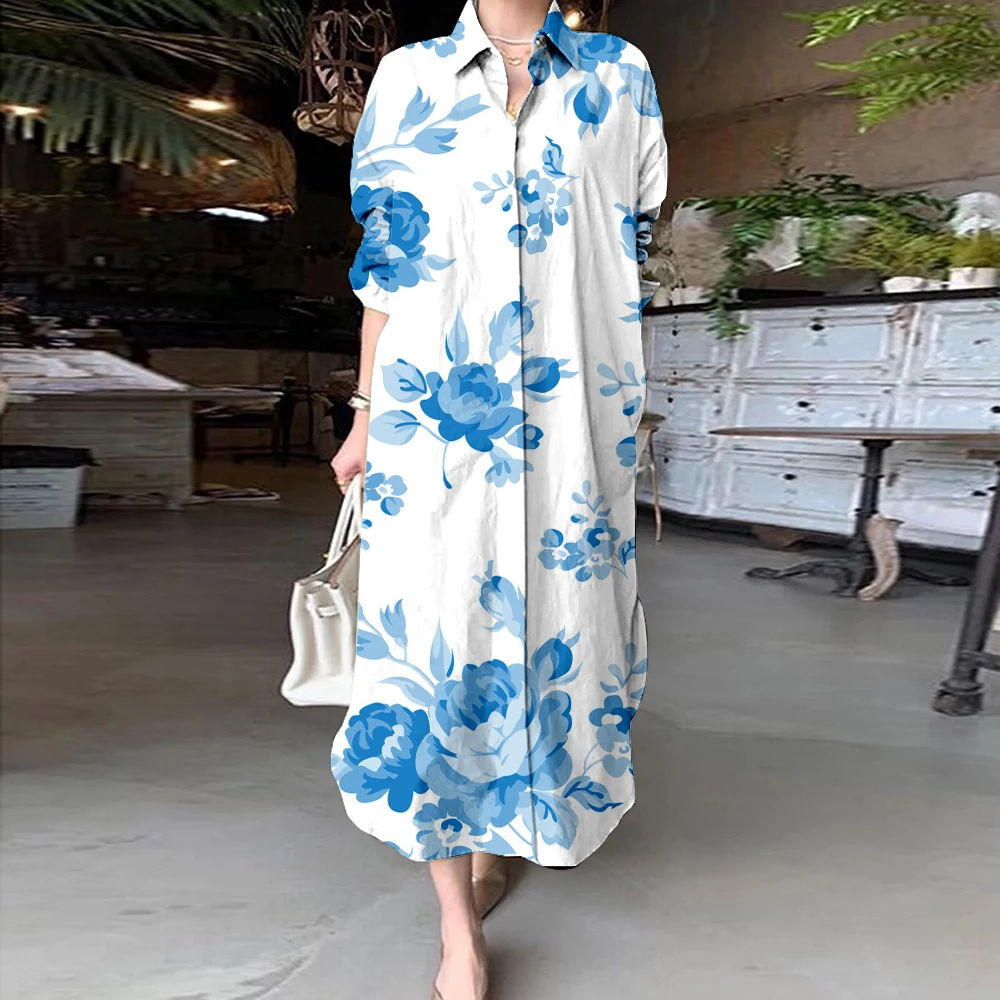 2024 Summer A-Line Midi Shirt Dress Women's Floral Print Turn Down Collar Button Dresses Casual Loose Beach Holiday Party Dress