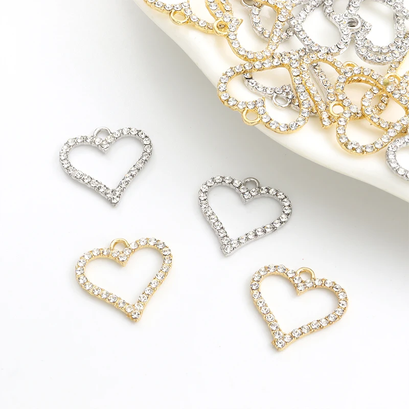 10pcs Simple Trendy Crystal Rhinestones Heart-shaped Charms Couples Jewelry Accessories DIY Necklace Earrings Openwork Pendants