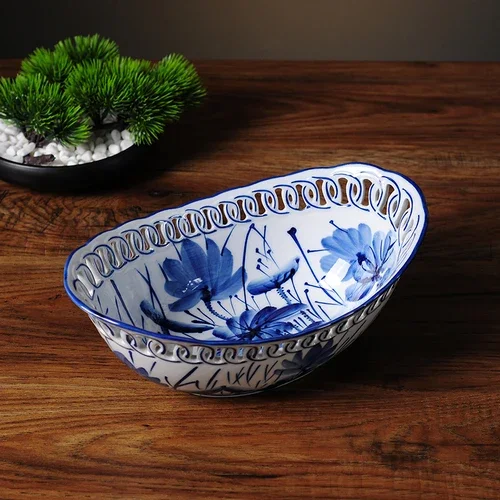 Chinese Style Blue and White Ceramic Fruit Plate Ingot Shaped Dinner Plate Refreshment Tray Snack Tray Salad Bowl Fruit Dish