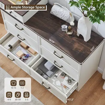 69吋寬大梳妝台,玻璃檯面,農舍風格化妝桌,帶9個大儲物抽屜,鄉村風格木質臥室梳妝台 10 最佳銷售 九抽屜櫃 - №4