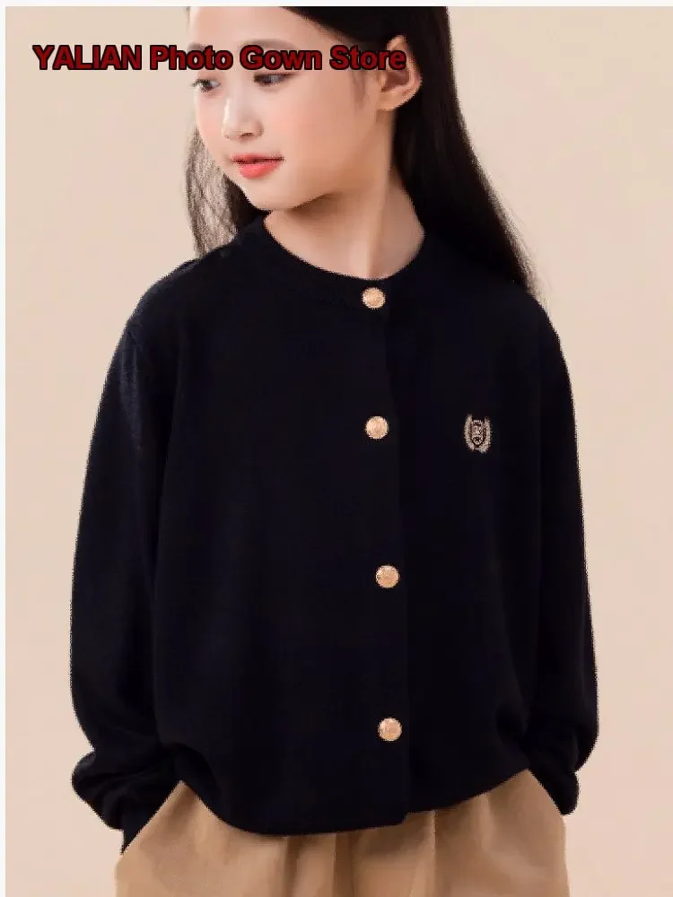 Girls Knit Cardigan Kids Spring Autumn Wool Blend Button Front College Style Top Older Kids