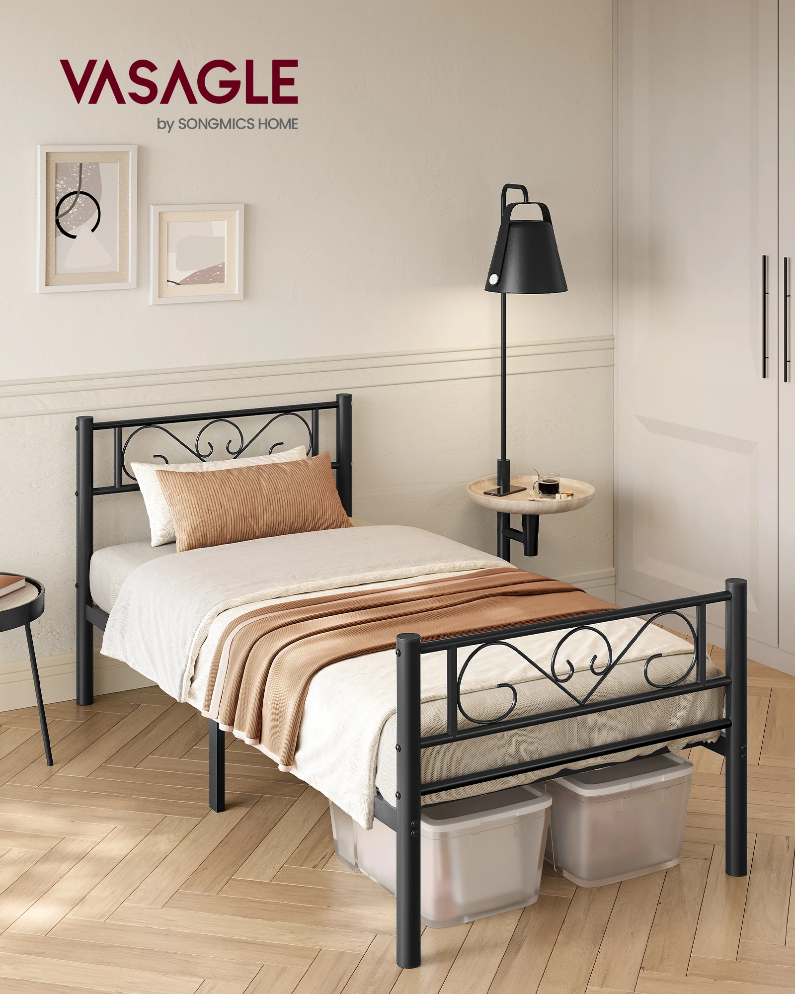 VASAGLE-Marco de cama individual, marco de cama de Metal, se adapta a colchón de 90x190 cm, fácil montaje, para espacios pequeños, habitación de invitados, negro