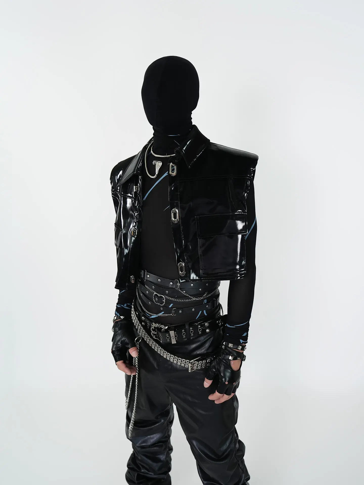 Spring Autumn Dark Street Punk Style Men's Shiny Shoulder Pads Pu Leather Vest Stage Performance High Waist Short Black Vest
