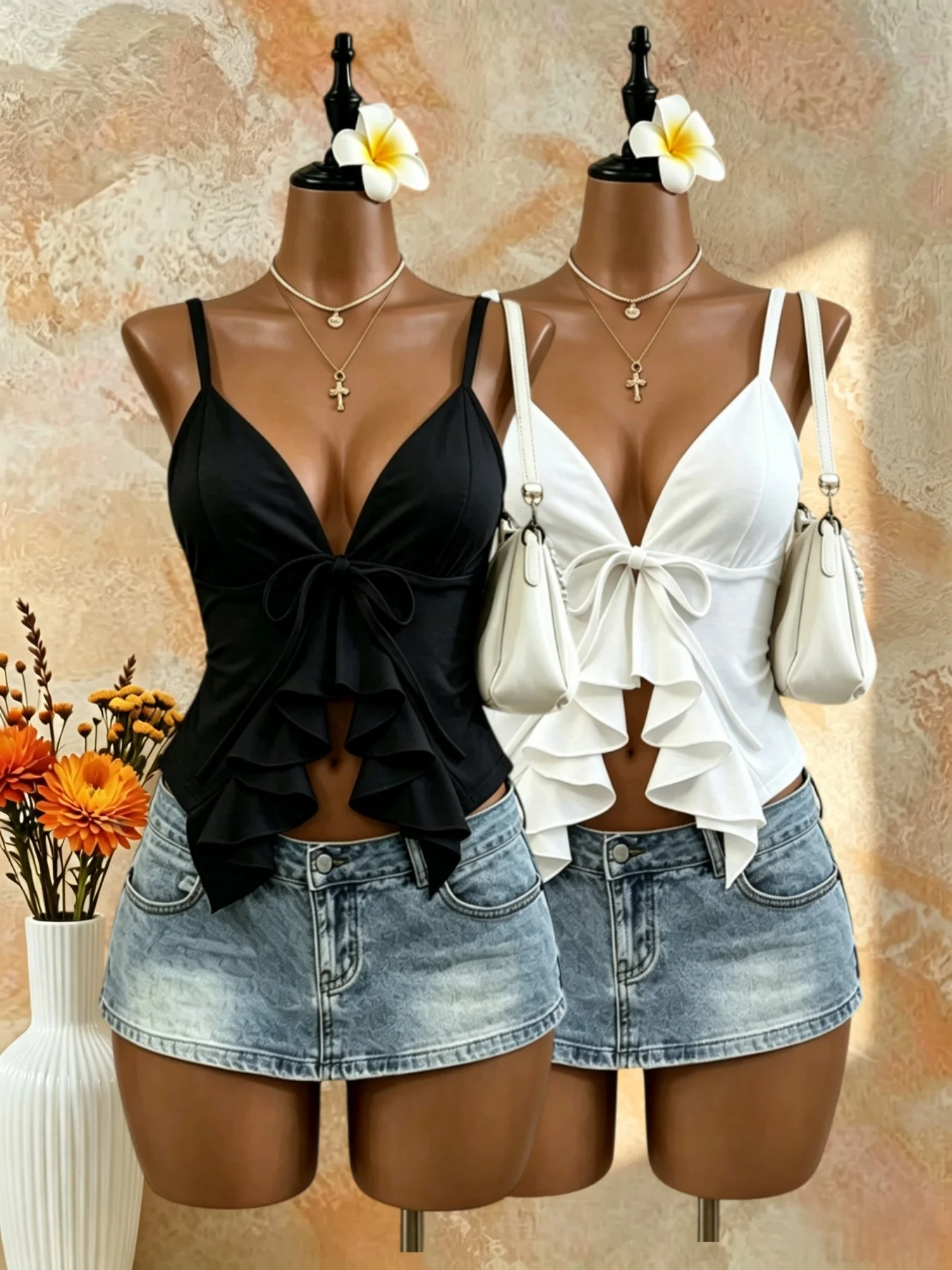 2 Pack Women Deep V Neck Tie Front Ruffle Hem Spaghetti Strap Crop Top Slim Fit Y2K Sexy Vacation Party Casual Cami Top