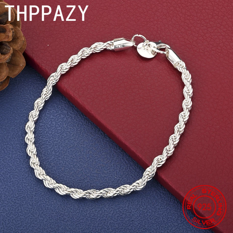 

THPPAZY 925 Sterling Silver 4mm Twisted Rope Chain Bracelet Women Fashion Simple Jewelry Gift Anniversary Party 8-Inch Chain