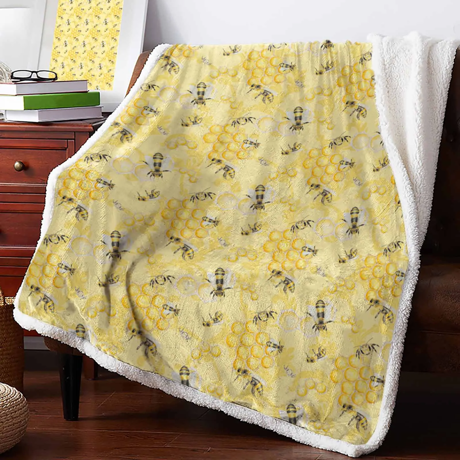 Watercolor Bee Hive Yellow Cashmere Blanket Warm Winter Soft Throw Blankets for Beds Sofa Wool Blanket Bedspread