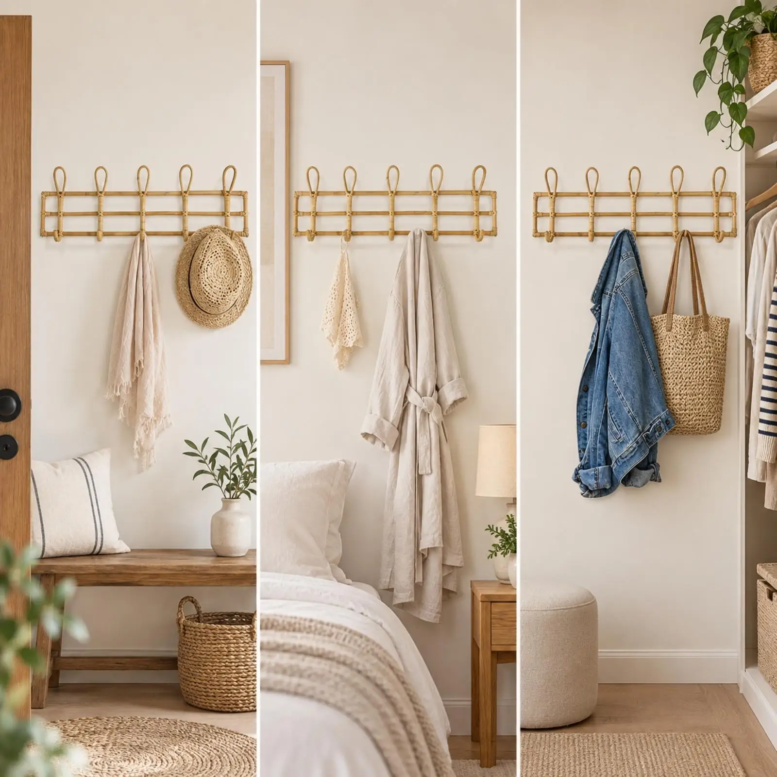 Rattan Hanging Rack with Hooks Lightweight Wall-Mounted Rattan Coat Rack Space-Saving Natural for Entryway, Bedroom