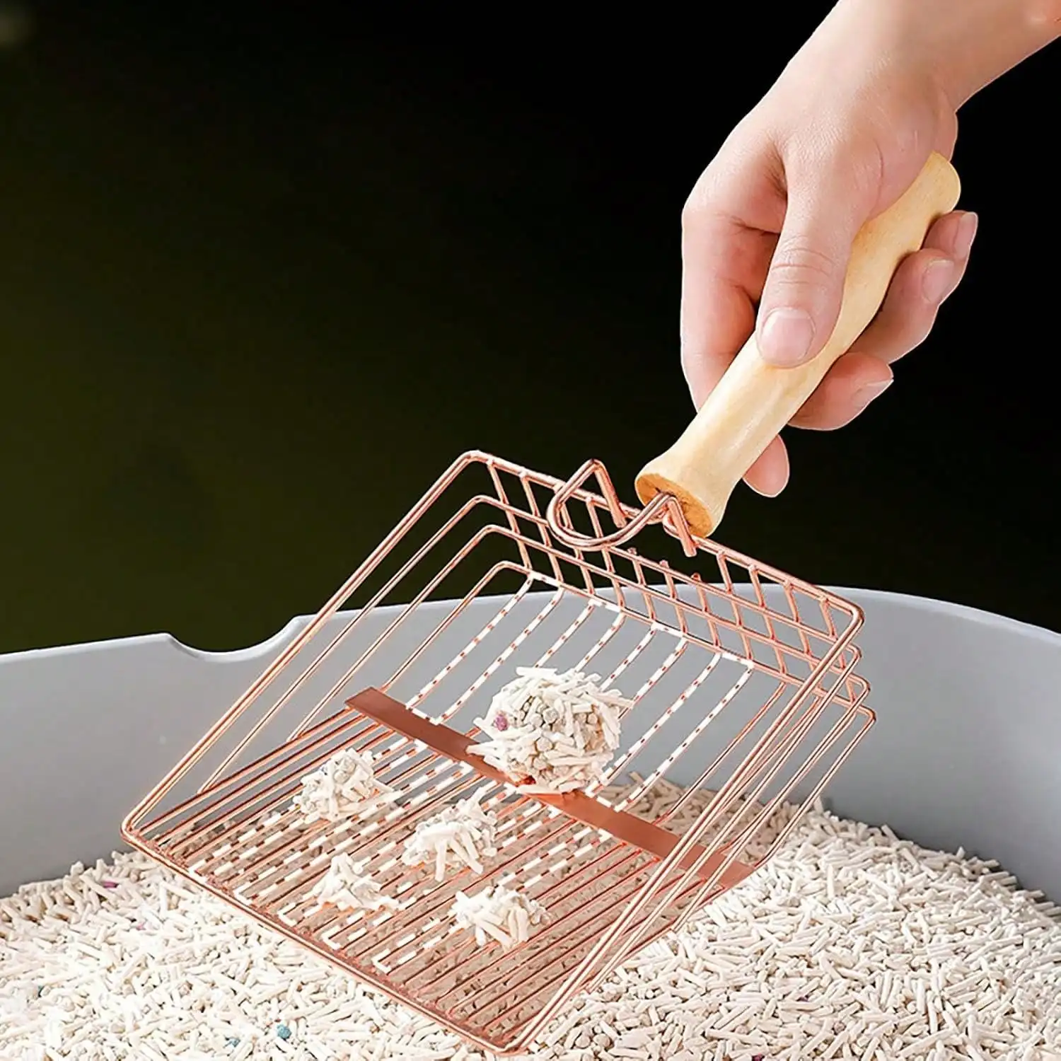 مغرفة فضلات القطط، مغرفة فضلات القطط سريعة الغربلة مع حامل حامل، مغرفة أنبوب من الفولاذ المقاوم للصدأ مع مقبض خشبي مريح