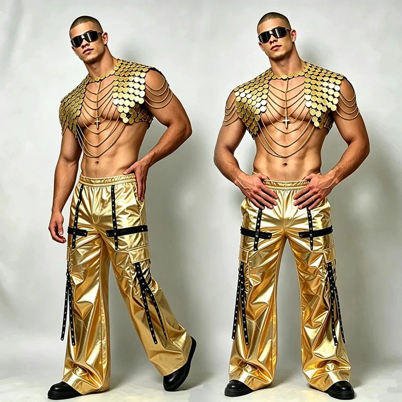 Gogo Dance Costume Men's Show Stage Outfit Futuristic Performance Clothes Gold Mirror Top Jazz Pants Nightclub Party Wear 5780