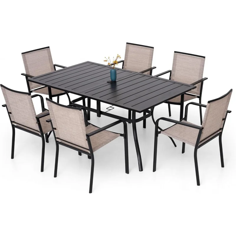 

7Pcs Outdoor Dining Set, 63x38 Powder Coated Steel Table with 6 Stackable Sling Chairs, Beige White Fabric, Weatherproof Patio