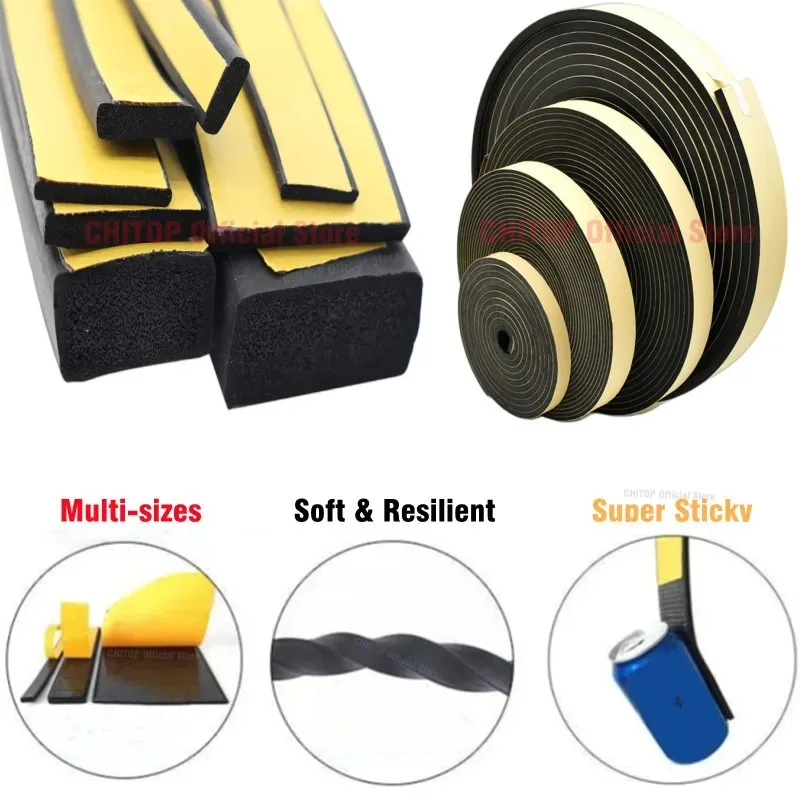 10/5M Rubber Sponge Seal Strip Door Window Seal Strip Self Adhesive Soundproof Anti-collision Tape Wall Insulation Acoustic Foam