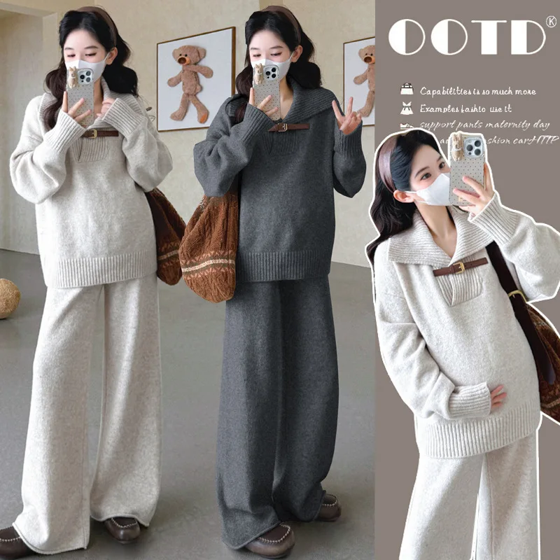 Maternity Suit Autumn Winter 2026 Loose Simple Casual Lazy Style Lapel Sweater And Wide Leg Pants Two Piece Set For Pregnancy