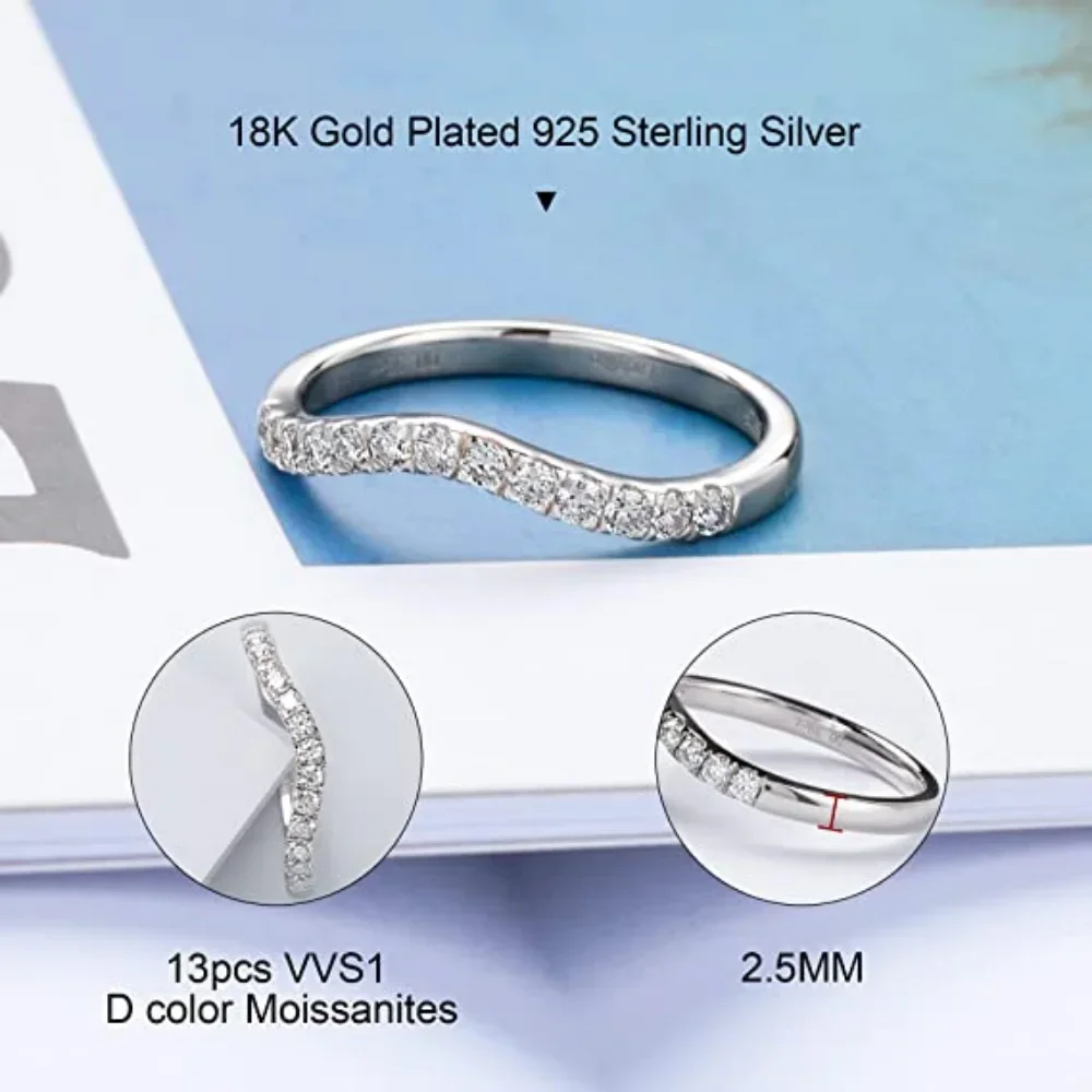 Pretty Beauty Moissanite Wedding Band Set for Women 925 Sterling Silver Half Eternity Curved Chevron Stackable Ring Fine Jewelry