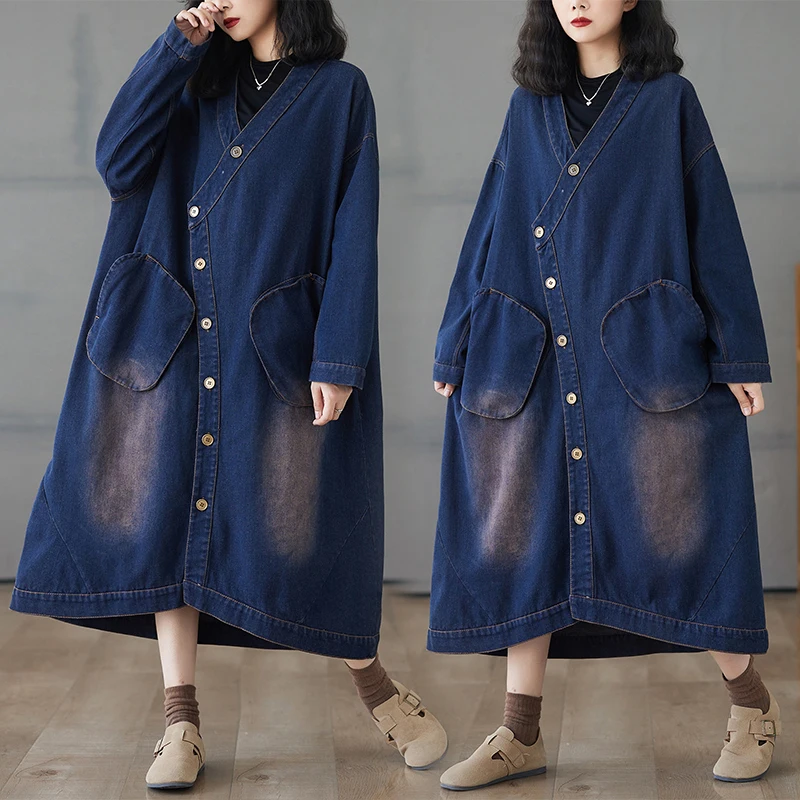 

Джинсовый джинсовый тюнер с длинным v-образным вырезом, женский корейский повседневный винтажный кардиган из смеси хлопка и полиэстера больших размеров, открытый топ