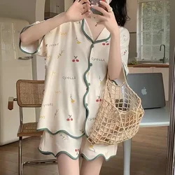 Pajamas Female Summer Cartoon Young Ladies Students Cardigan Short-Sleeved Shorts Thin Section Ins Style Homewear Two-Piece Suit