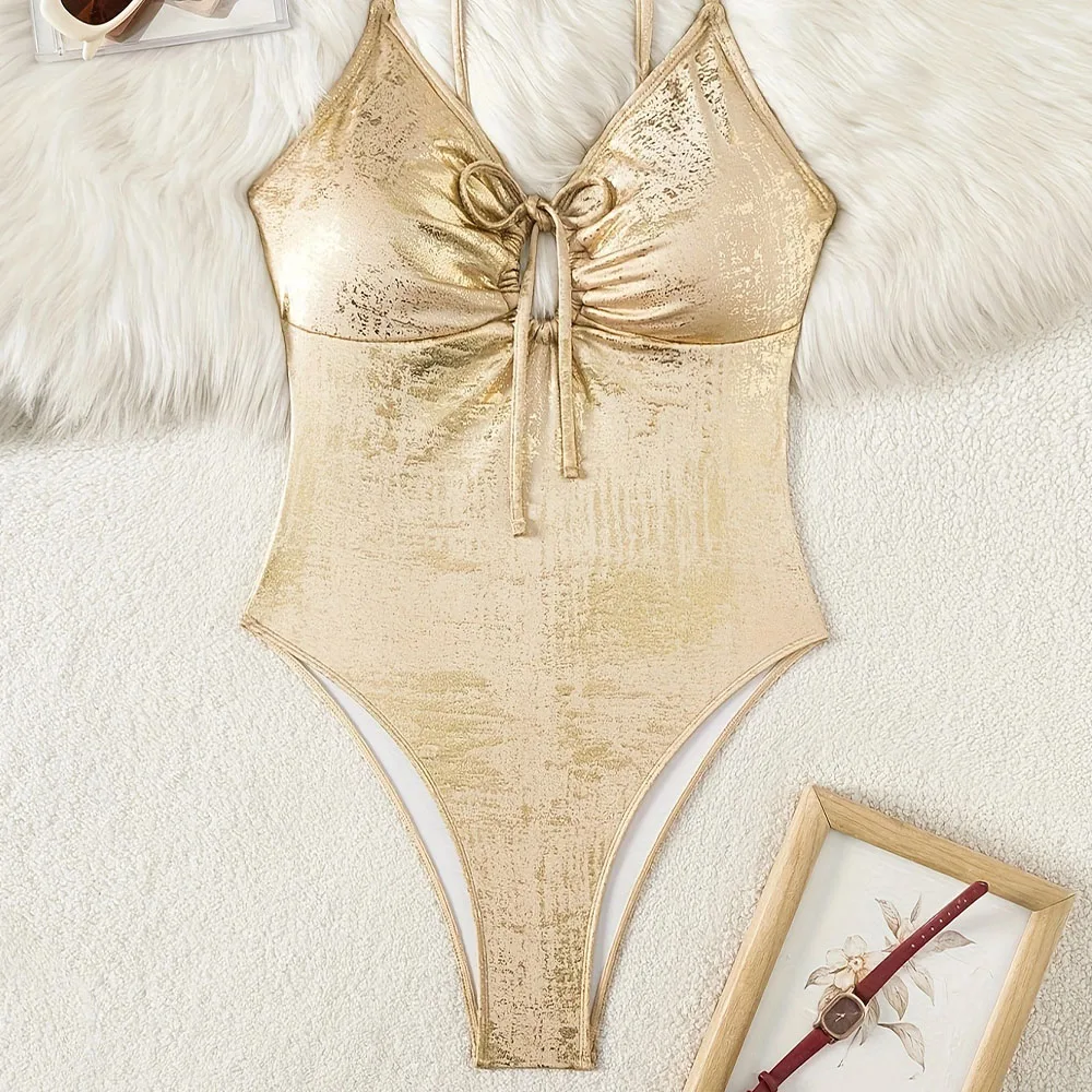 Women's Sexy Swimsuit Fashionable Shiny V-Neck Lace Up One-Piece Swimsuit Comfort Sexy Beach Hot Spring Hollowed-Out Swimsuit