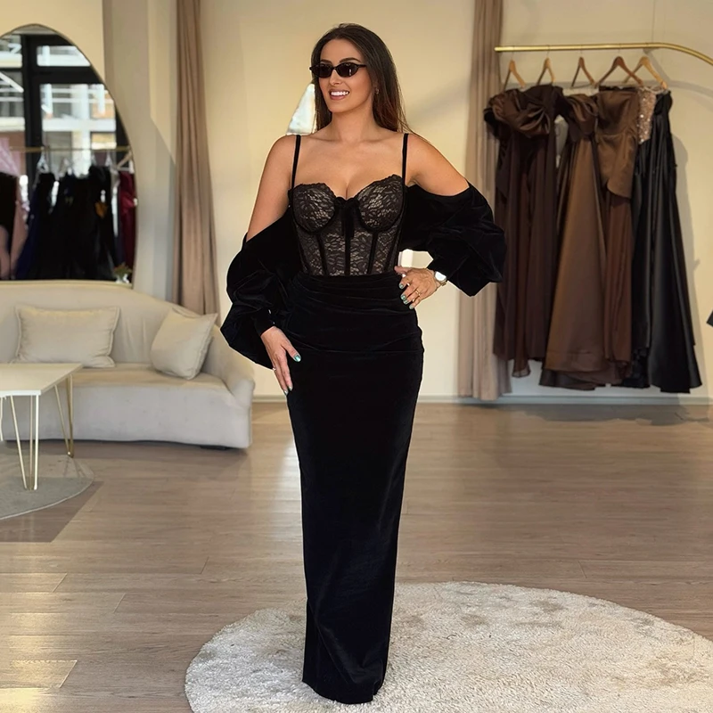

Thinyfull Black Mermaid Prom Evening Dresses Saudi Arabia Sweetheart Lace Velvet Party Dress Sexy Cocktail Prom Gowns Customized