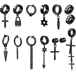 1Pcs Black Stainless Steel Non Pierced Rivet Cross Pendant Tassel Clip Earring Set For Women Men Clip Magnetic Stud Earrings