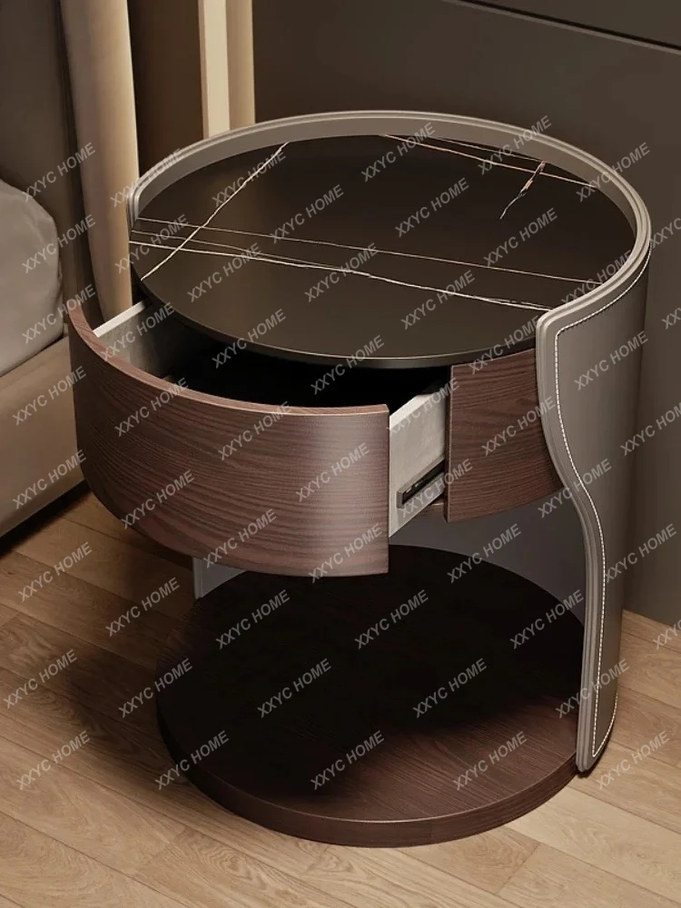 Semicircle Design Sense Stone Plate Solid Wood Creative and Slightly Luxury Bedside Table High-End Leather Small Side Table