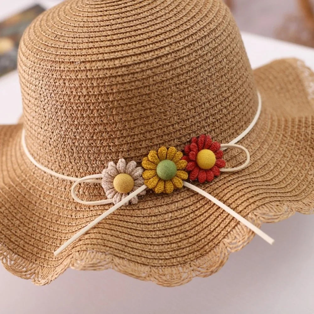 Fashion Floral Children Beach Straw Hat Wide Brim Solid Color Sun Hat Sun Protection Sunscreen Sunshade Hat for 2-8 Years