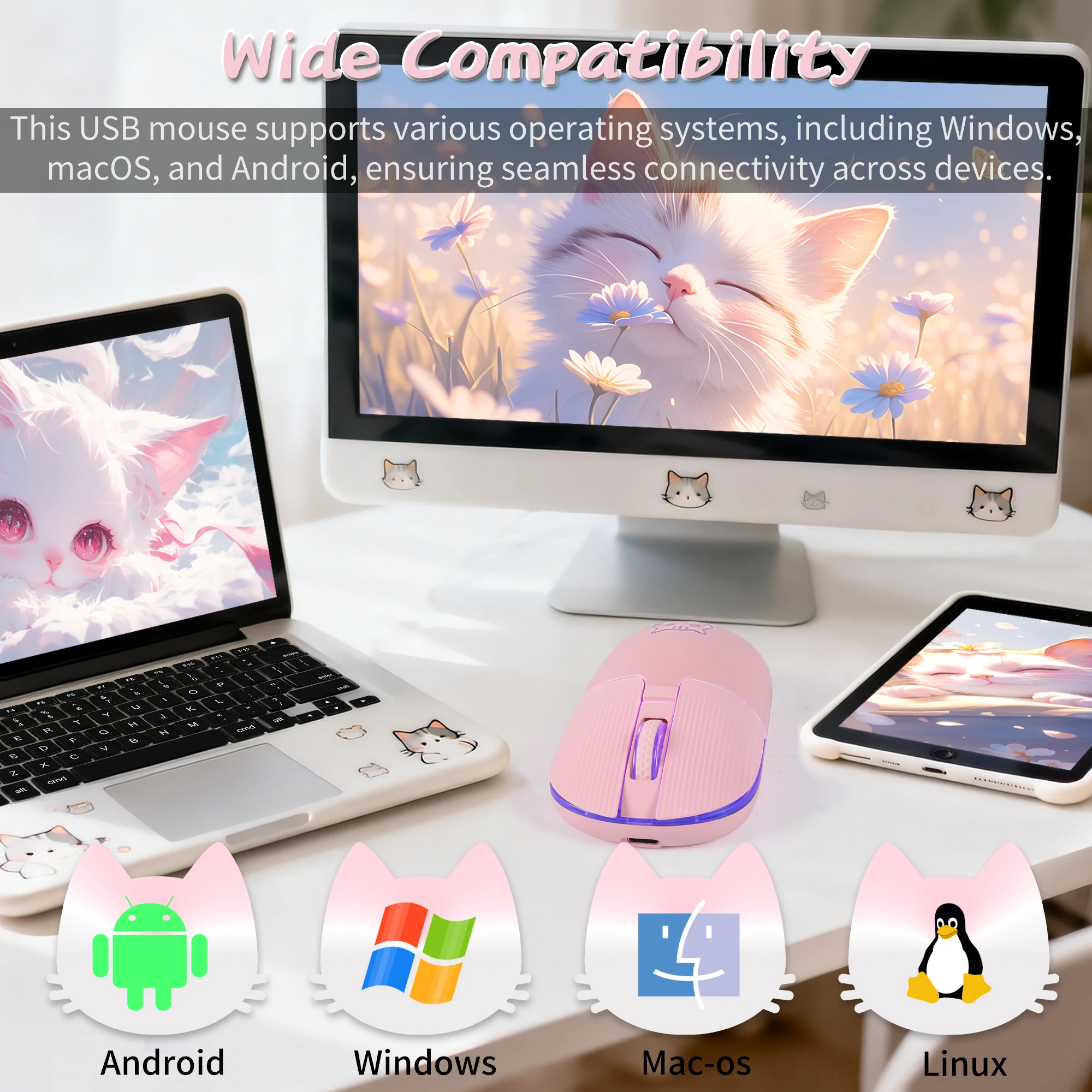 

New 2.4G+Bluetooth Cute Cat Pattern Wireless Mouse Silent Click Type-C Rechargeable Optical Mice For PC Laptop Desktop Computer