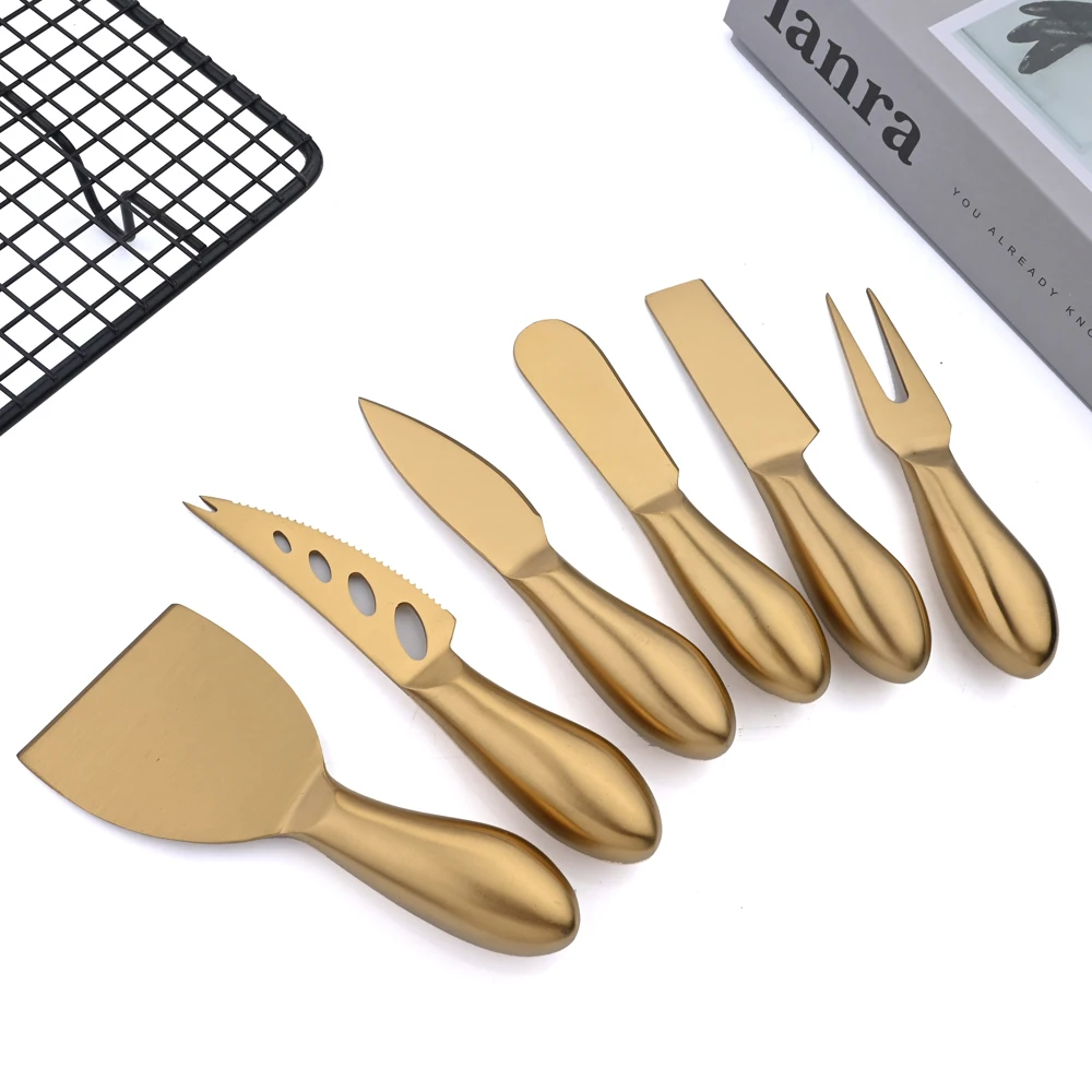 AJOYOUS Cheese Knife Set Cheese Stainless Steel 6Pcs Gold Cheese Slicer Cutter Handle Mini Knife Butter Knife Spatula Fork Matte