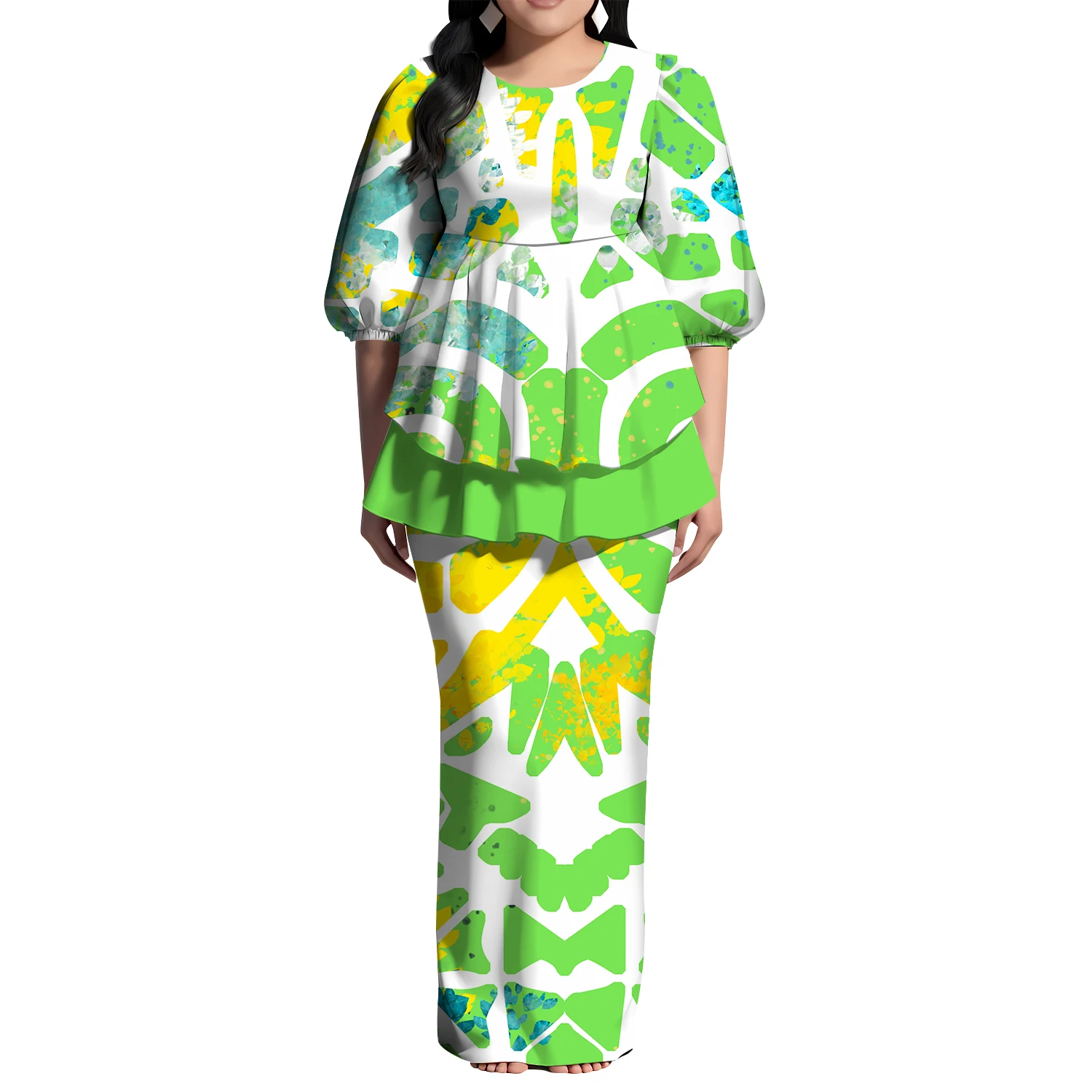 تصميم مجاني مخصص Lmage فستان نسائي صيفي متوسط الأكمام تنورة خلفية شق تصميم مرقع ذيل السمكة علوي بولينيزيا Puletasi #2