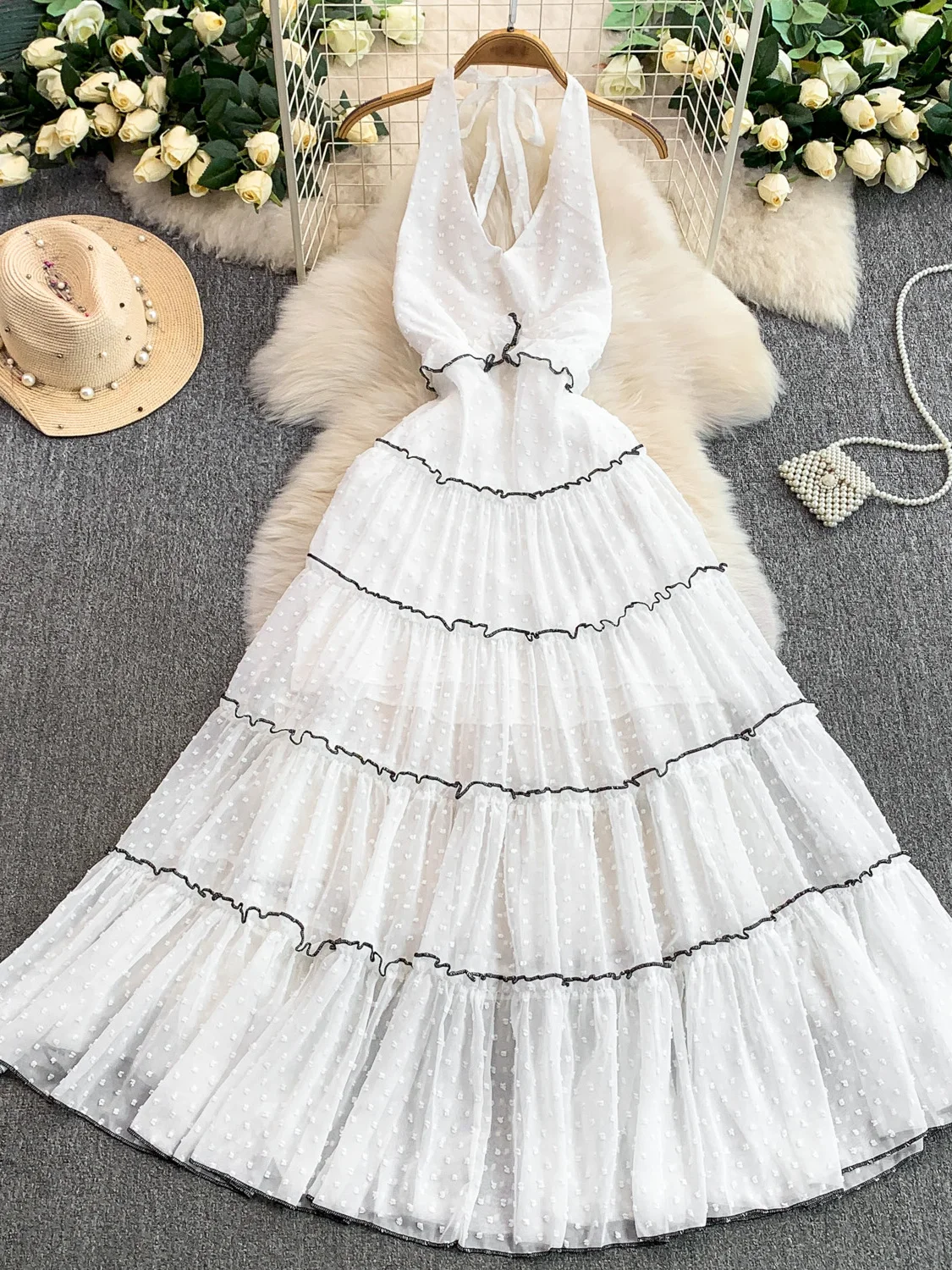 فستان Beach Vaion Sle نسائي بدون أكتاف مع حاشية منتفخة على شكل حرف A صورة ظلية للتخسيس الخصر عالي الخصر بدون Sve Dr #3