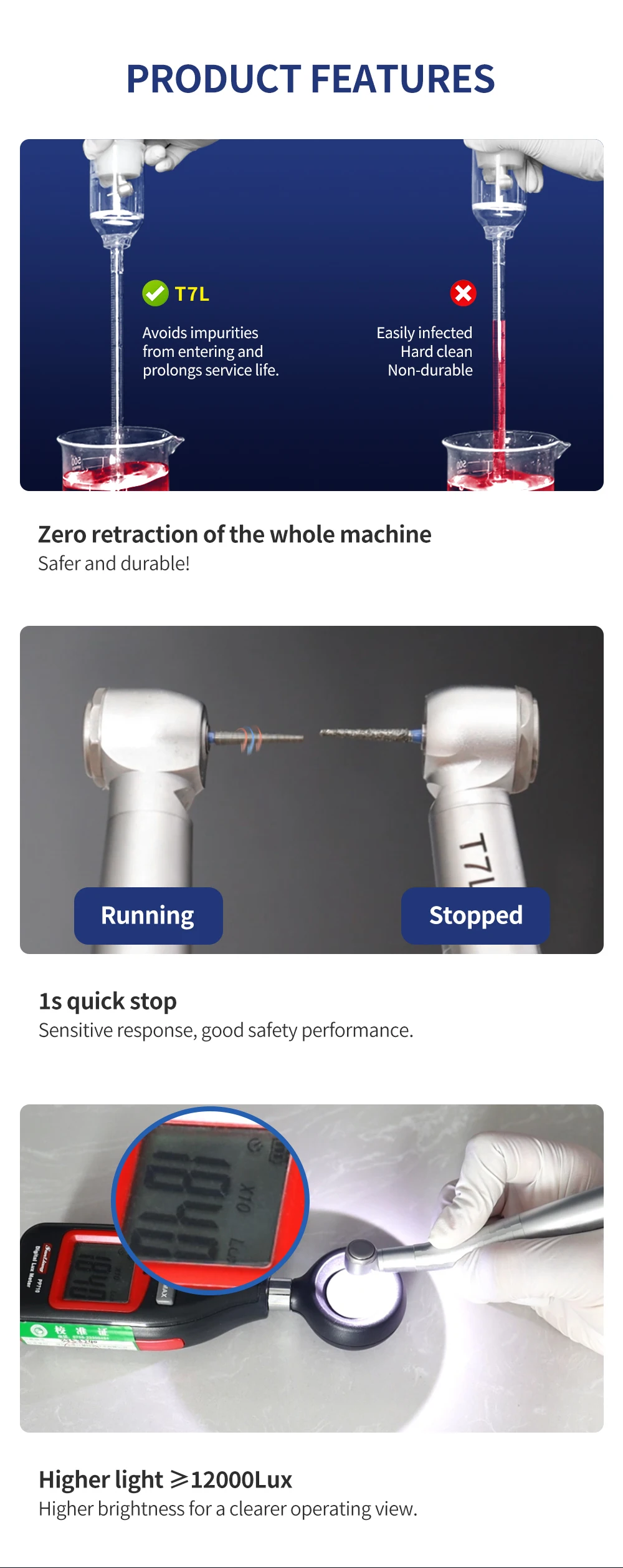Dental LED High Speed Handpiece T7L Zero Retraction 4 Water Spray Push Button 2/4 Holes Air Turbine Handpiece for Dental Clinic
