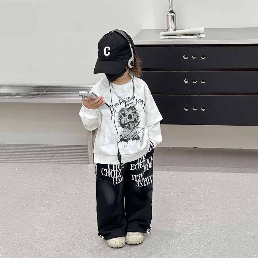 Baby autumn pants boys autumn version of Korean children\'s clothing 2024 new children\'s printed knitting pants trend