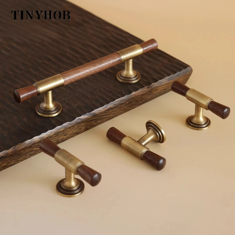 Tinyhob Solid Brass + Walnut  Luxury Antique Handle Ball Single Hole T-shaped Retro American Style Cabinet Wardrobe Long Handle