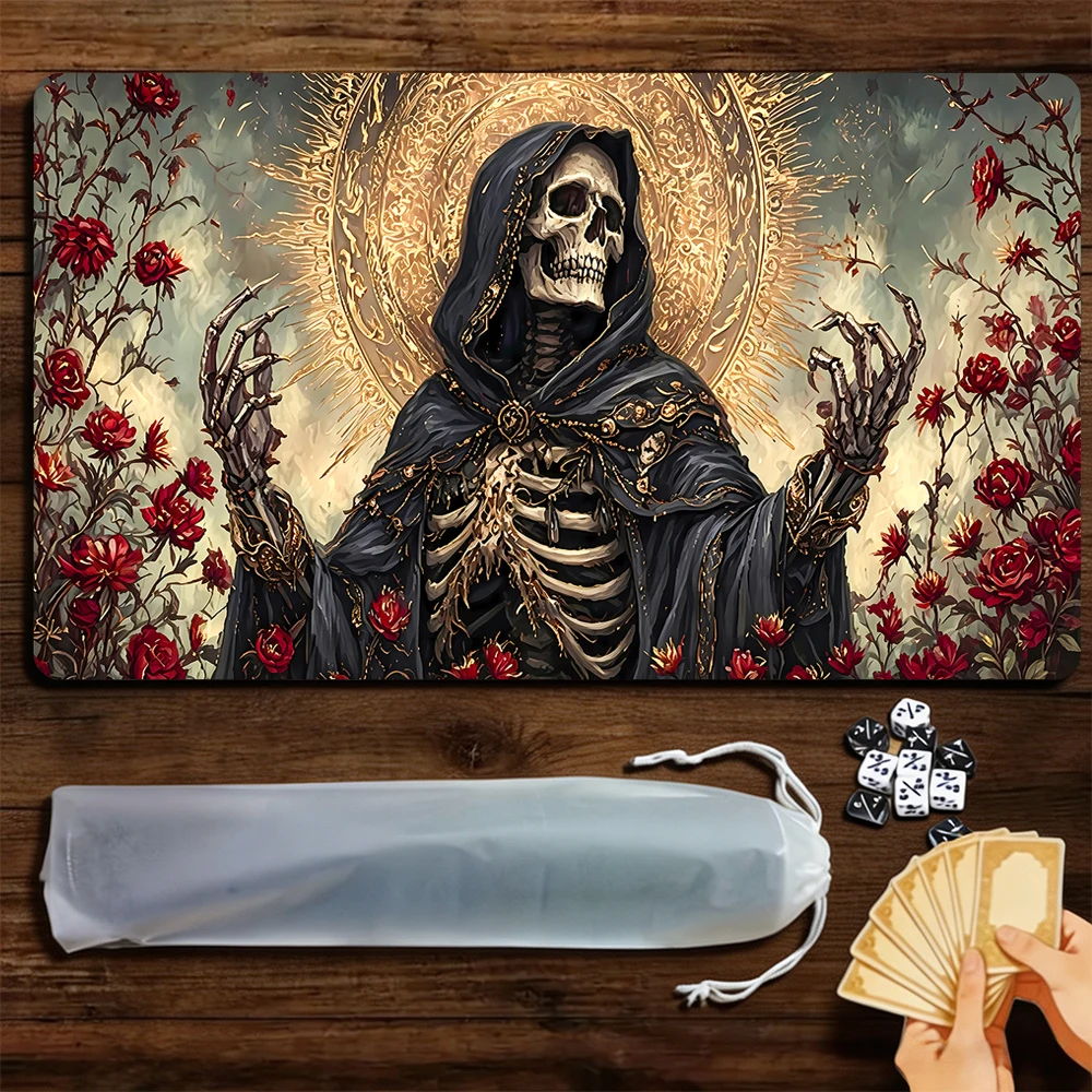 Gorgeous Rose Skeleton Mage TCG Playmat Magic Playmat Gathering Gaming Mat with Stitched Edge Anti-slip base Trading Card Game
