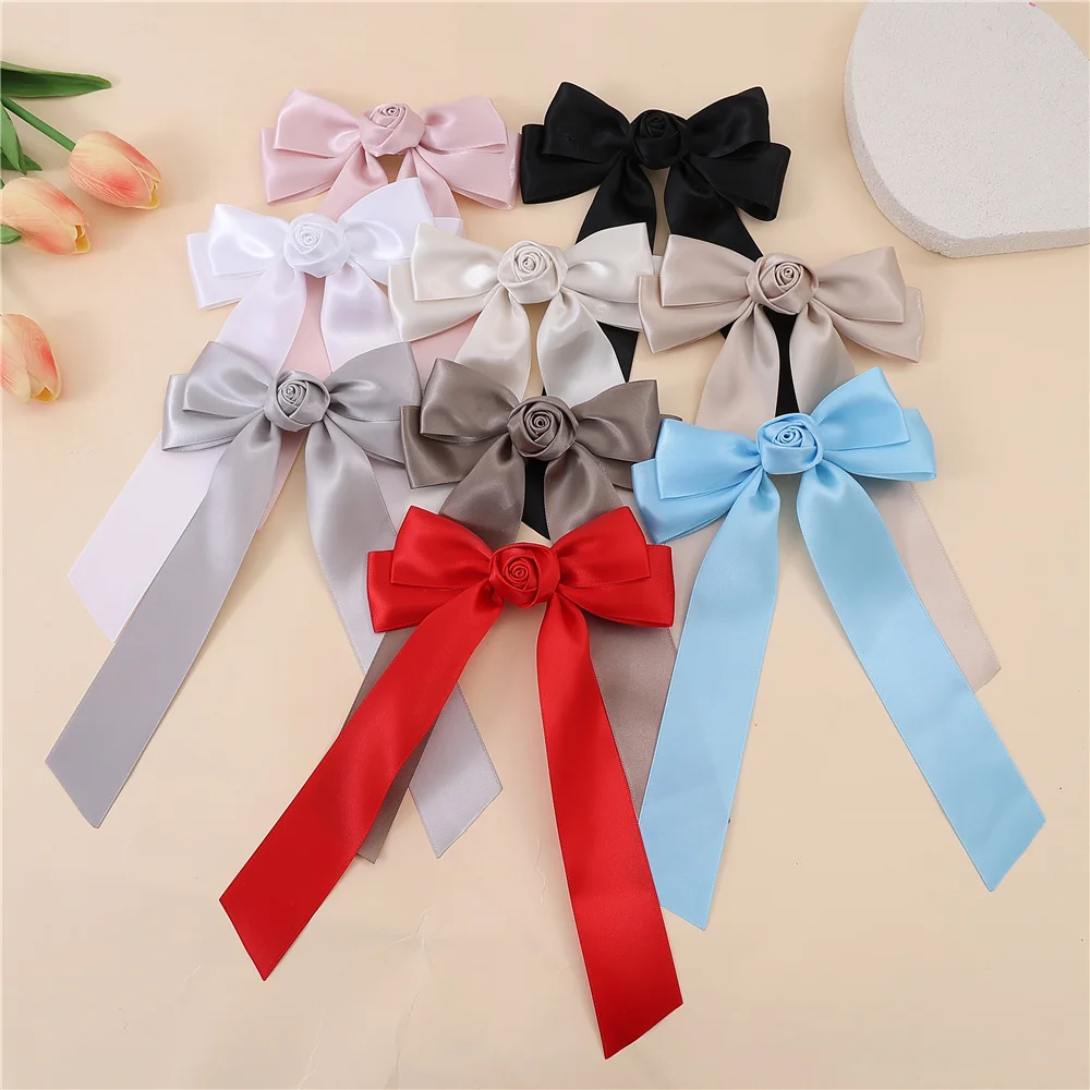 

Lalasis Rose satin hair bows hair clip pink green black white red blue purple hair ribbon ponytail holder accessories