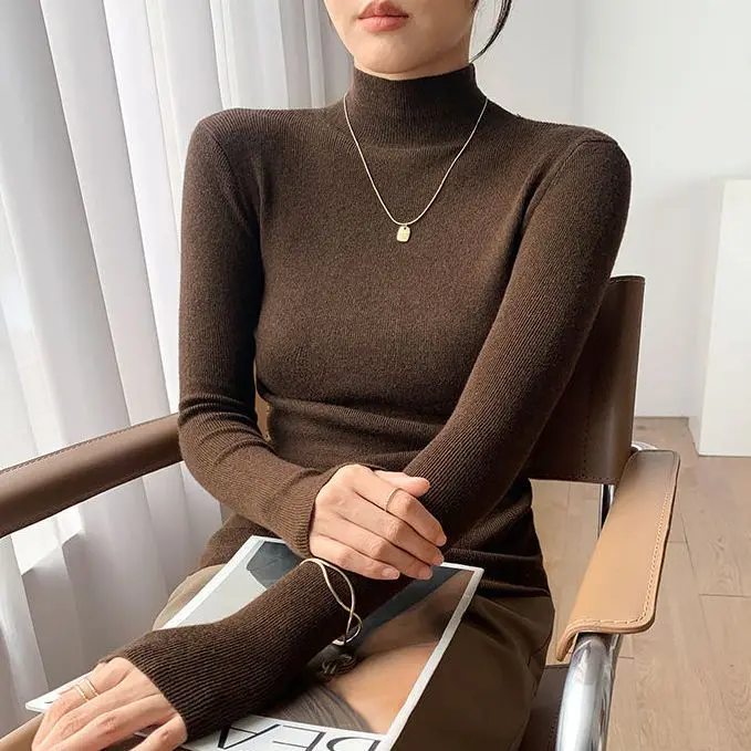 Half Open Collar Long Sleeve Fashion Knitwear Women Autumn Winter All-match Knitting Bottoming Shirt Simplicity Trend Warm Tops