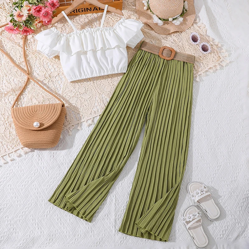 

Kids Girls 2 Piece Summer Set, Off Shoulder Ruffle Trim Tops with Spaghetti Strap + Elastic Waist Pleated Long Pants 8-12Y