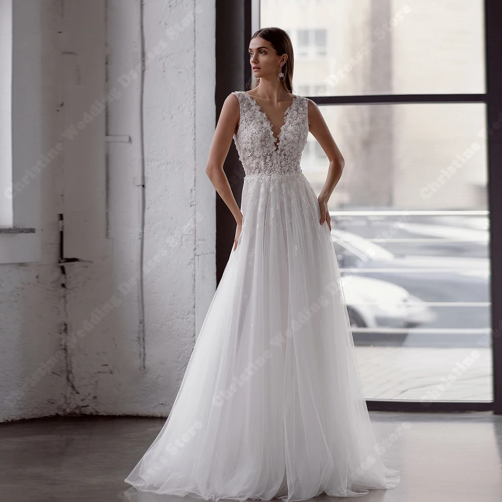 

Elegant Women Wedding Dresses Sexy A-Line Bridal Gowns Backless Mopping Length Lace Printing Ball Vestidos De Novias Customized