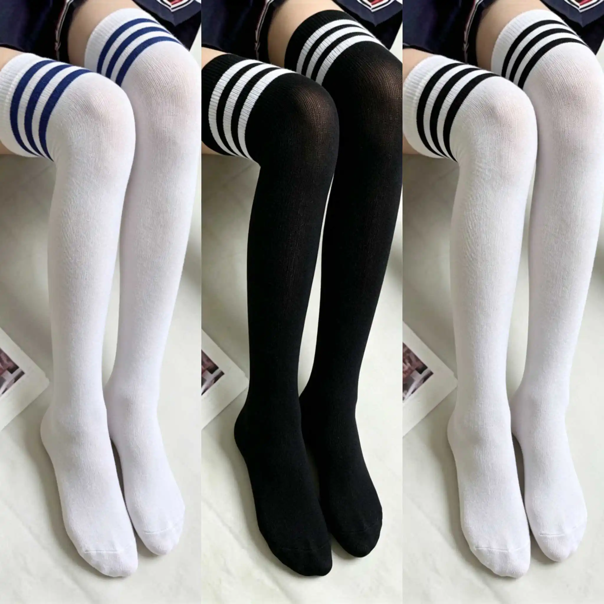 New Student Style Black and White Striped Long Socks for Women Knee High Thigh High Long Socks for Girls Warm Knee High Socks