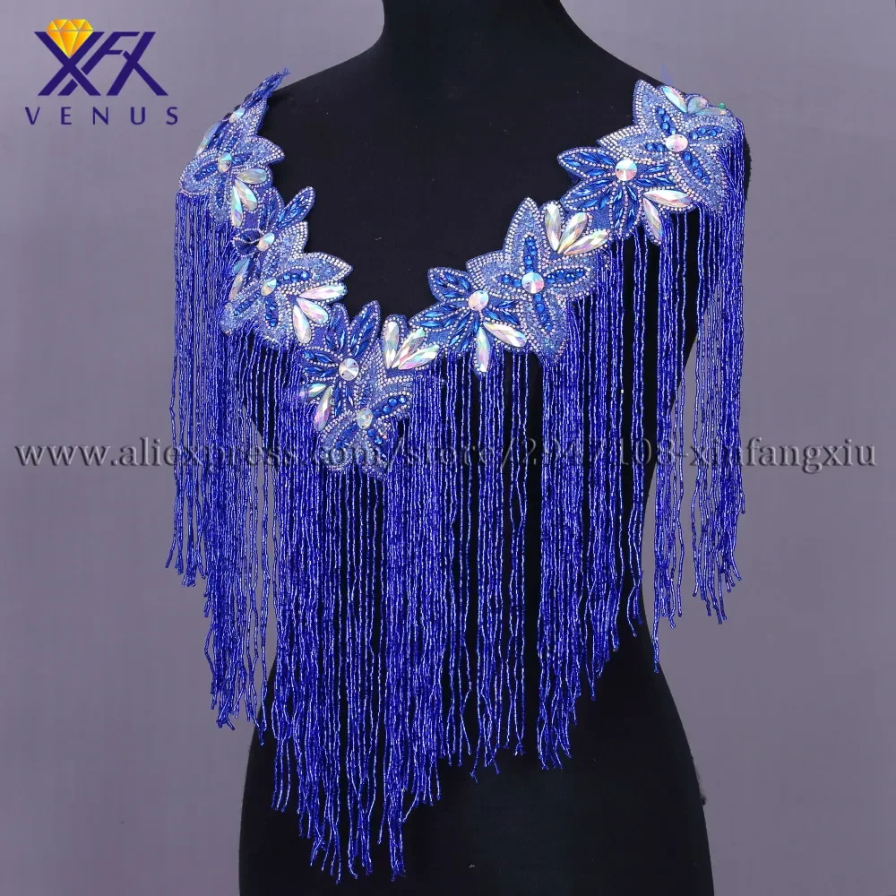 XFX VENUS New Wholesale Blue Color Wedding Embroidered Rhinestone Tassels Style V-neck Patches for Clothing Beaded Applique 1pc