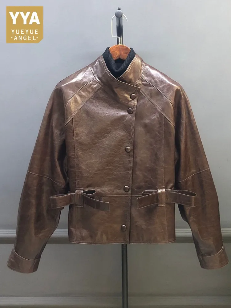 

Office Ladies Stand Collar Belt Genuine Leather Short Jacket Solid Color Single-Breasted Long Sleeves Sheepskin Outerwear