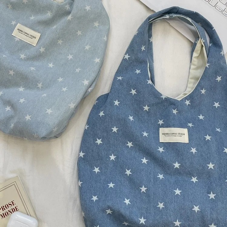 

Fresh and sweet denim star print vest bag versatile large capacity commuter shoulder bag tote bag