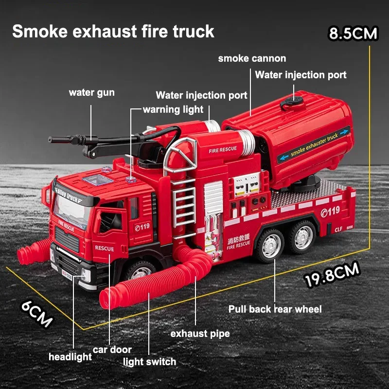 New Smoke Exhaust Fire Truck Die-cast Light Music Alloy Fire Truck Model Can Spray Water Ladder Rescue Truck Toy Children's Gift