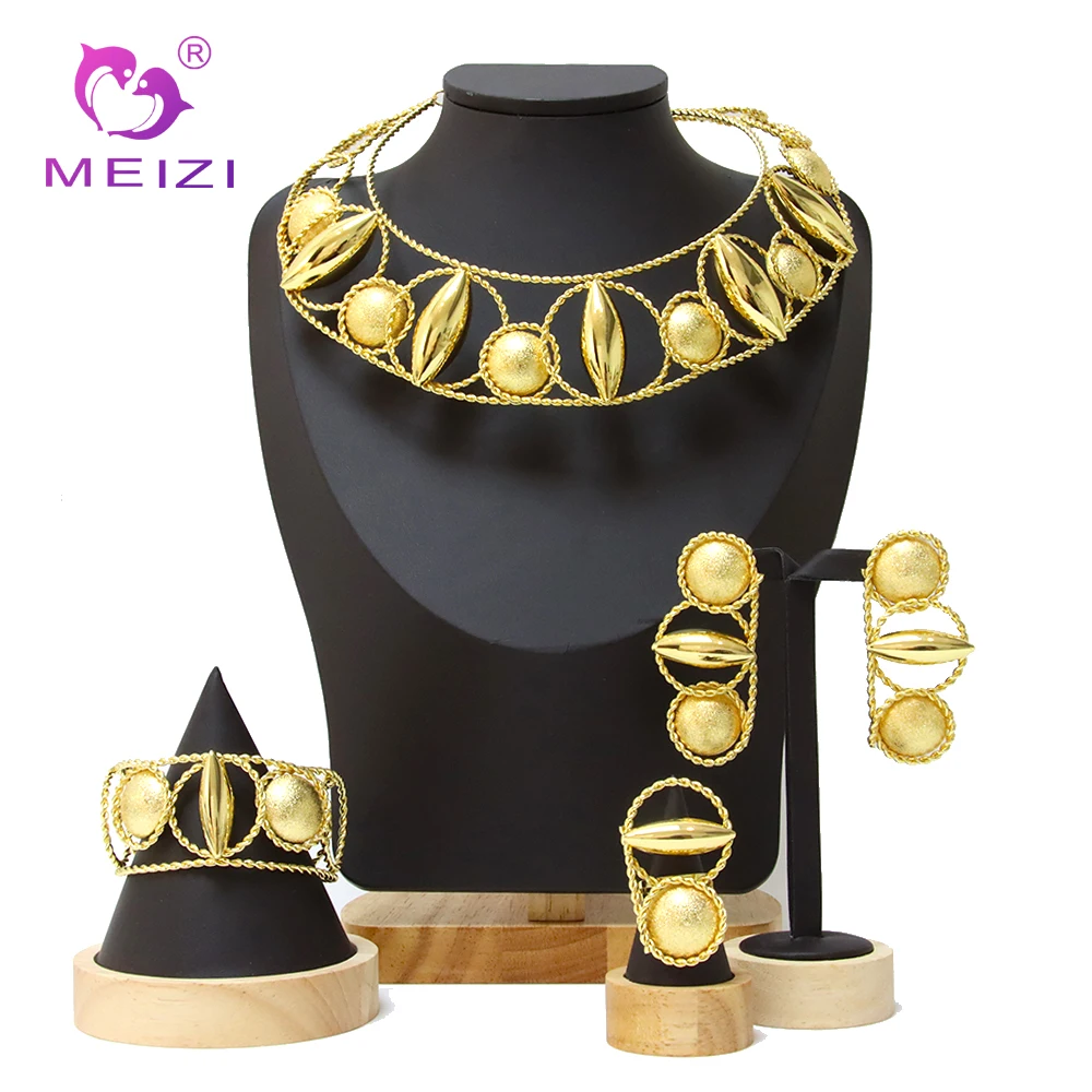 

MEIZI Jewelry Fashion Luxury Dubai Gold Silver Plate Necklace Bracelet Earrings Ring Jewelry Set For Women Wedding Engagement