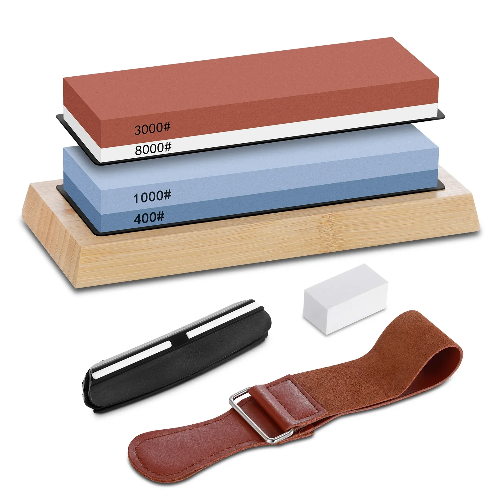 Complete Knife Sharpening Stone Set/Dual Grit Whetstone 400/1000 3000/8000 Knife Sharpener with Leather Strop /Flattening Stone