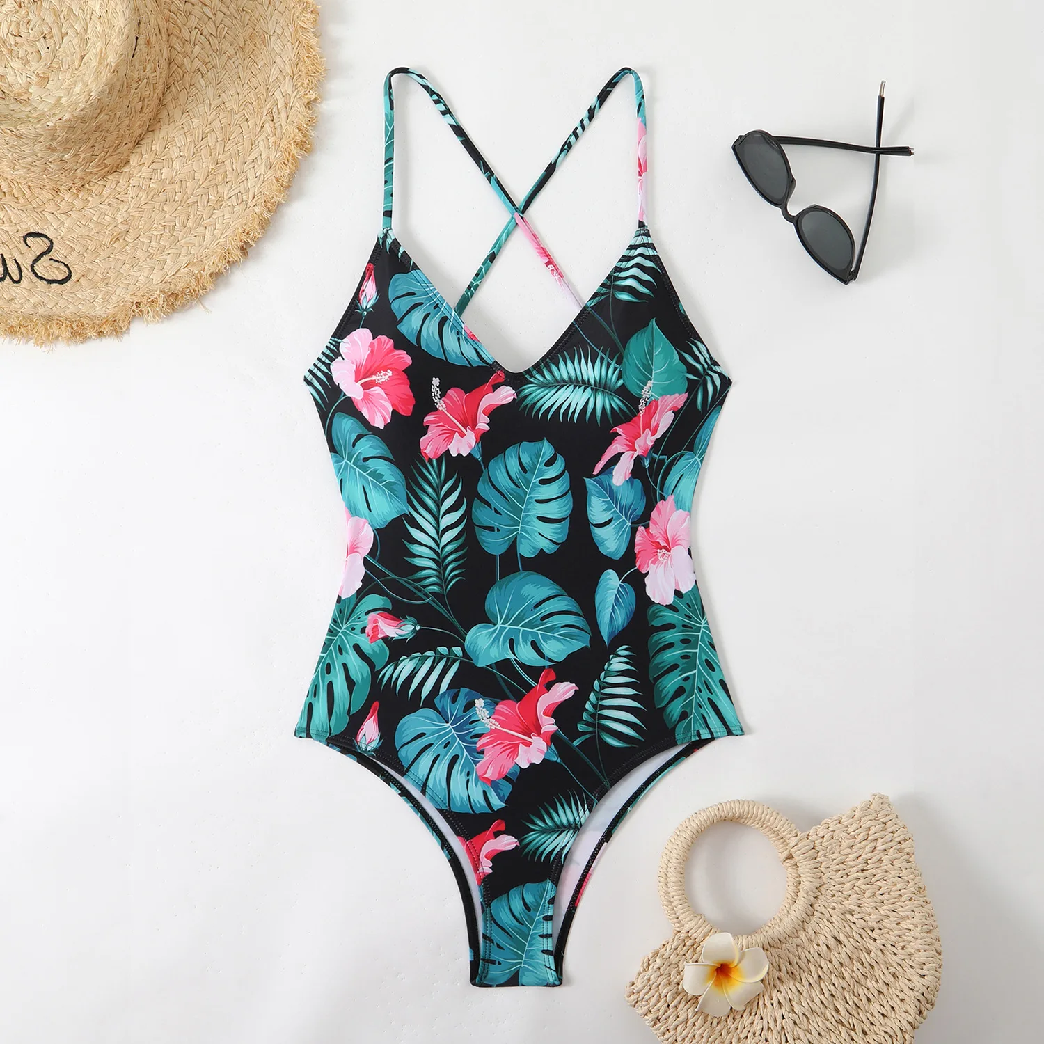 Sexy Floral One Piece Swimsuits Women Bathing Suit V Neck Swimwear Female Monokini Cross Backless Swimming for Suits Beachwear