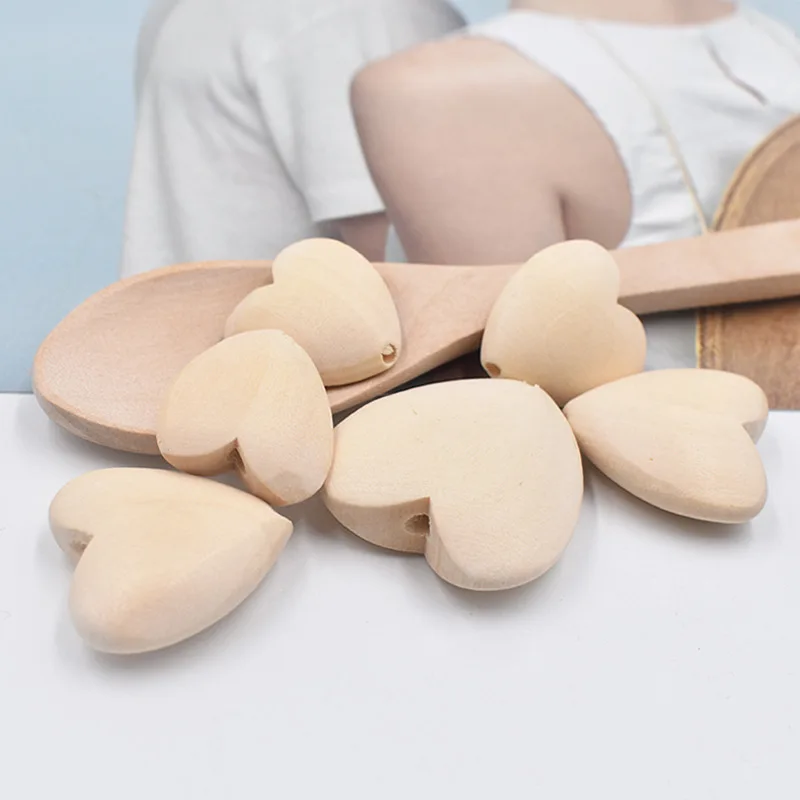 Natural Unfinished Wood Heart Beads, Blank Unpainted Wooden Loose Spacer Beads for Jewelry Crafts Making Home Decoration