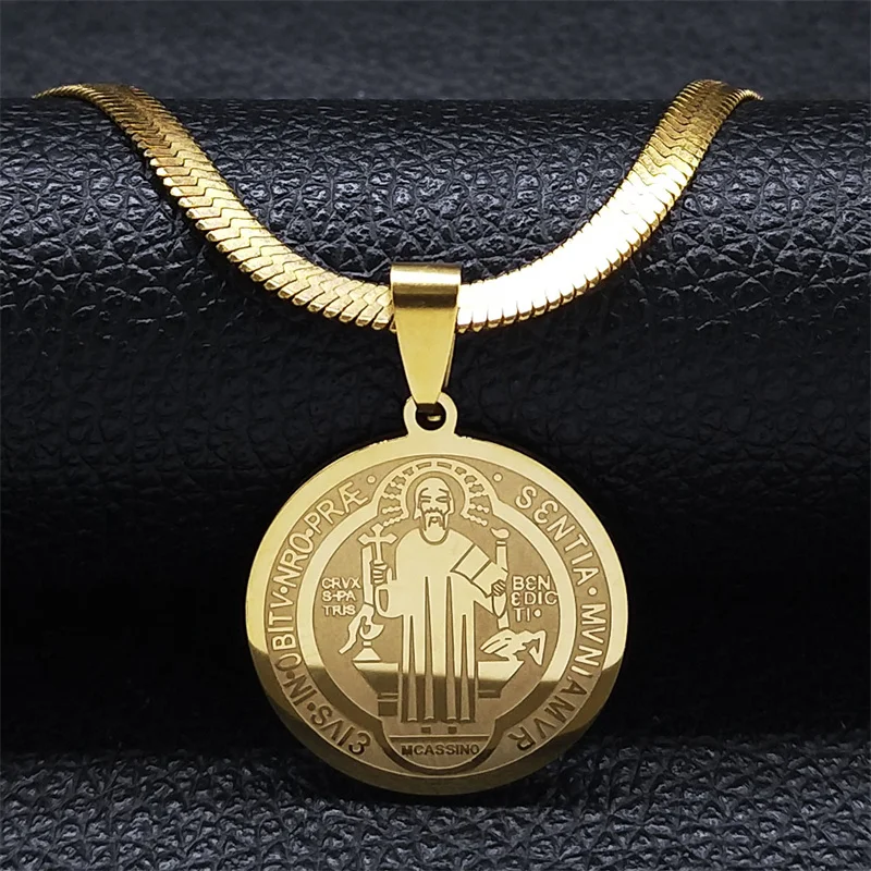Hip Hop Saint Benedict Medaillon Anhänger Halskette Männer Edelstahl Schlangenkette Choker Halsketten Schmuck San Benito Collares – Detail 4