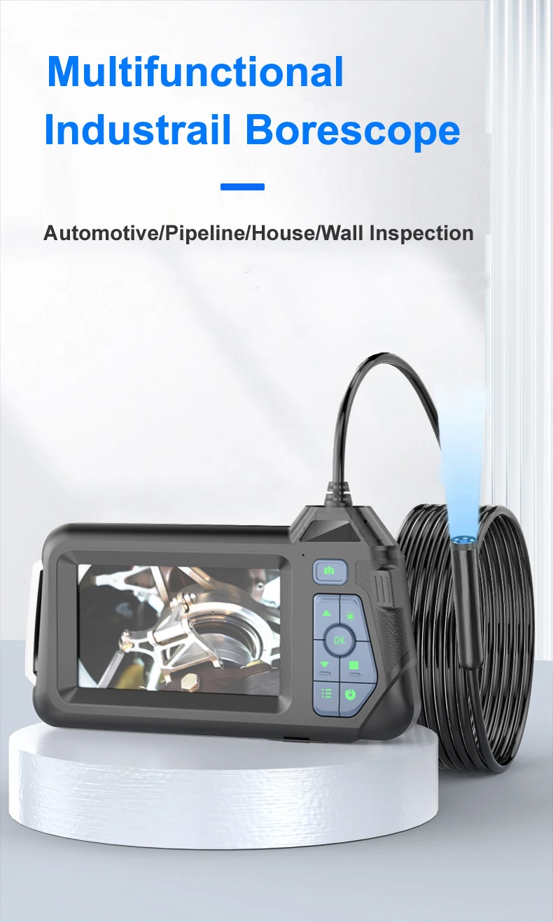 Endoscopio Industrial CMOS, cámara de otoscopio de inspección con pantalla IPS de 4,3 pulgadas, doble lente, Vista frontal lateral, boroscopio