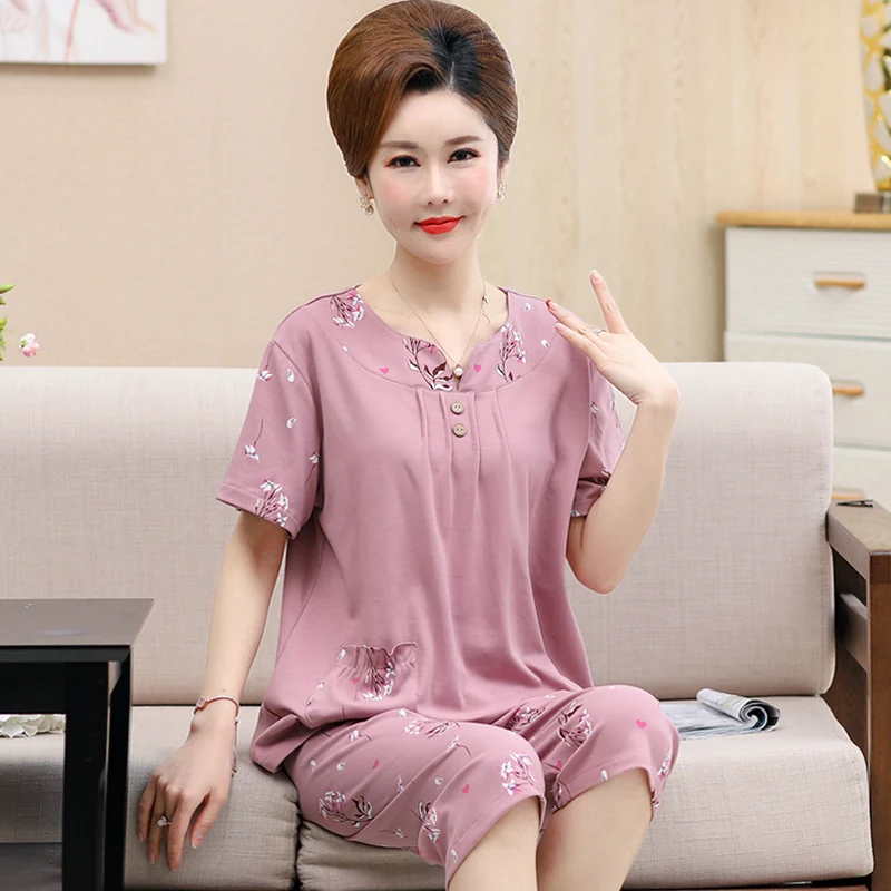 Fashion Flower Print Pajamas Set Summer Cotton Sleepwear For Women Casual Home Wear Ladies Night Big Size Pijamas Pyjamas M-XXXL