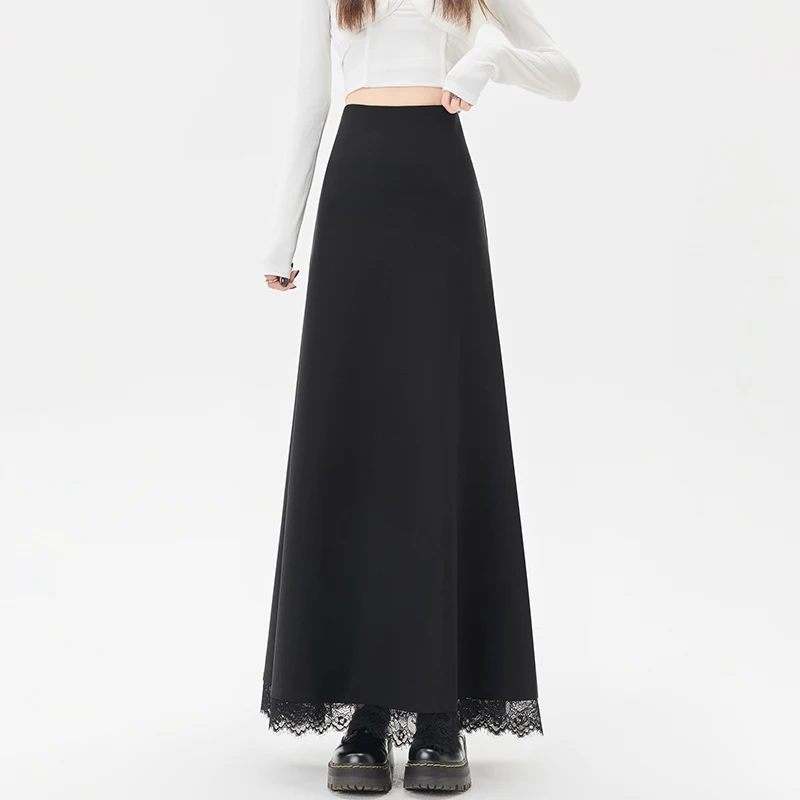 

Простые юбки до половины тела черного цвета, женские длинные юбки трапециевидной формы с высокой талией, стильные кружевные юбки шикарного дизайна для женщин